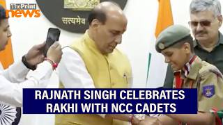 Rajnath Singh celebrates Raksha Bandhan with National Cadet Corps (NCC) cadets in New Delhi