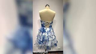 Strapless Blue‑White Floral Tiered Mini Dress | Homecoming & Graduation White Mini Strapless Dress
