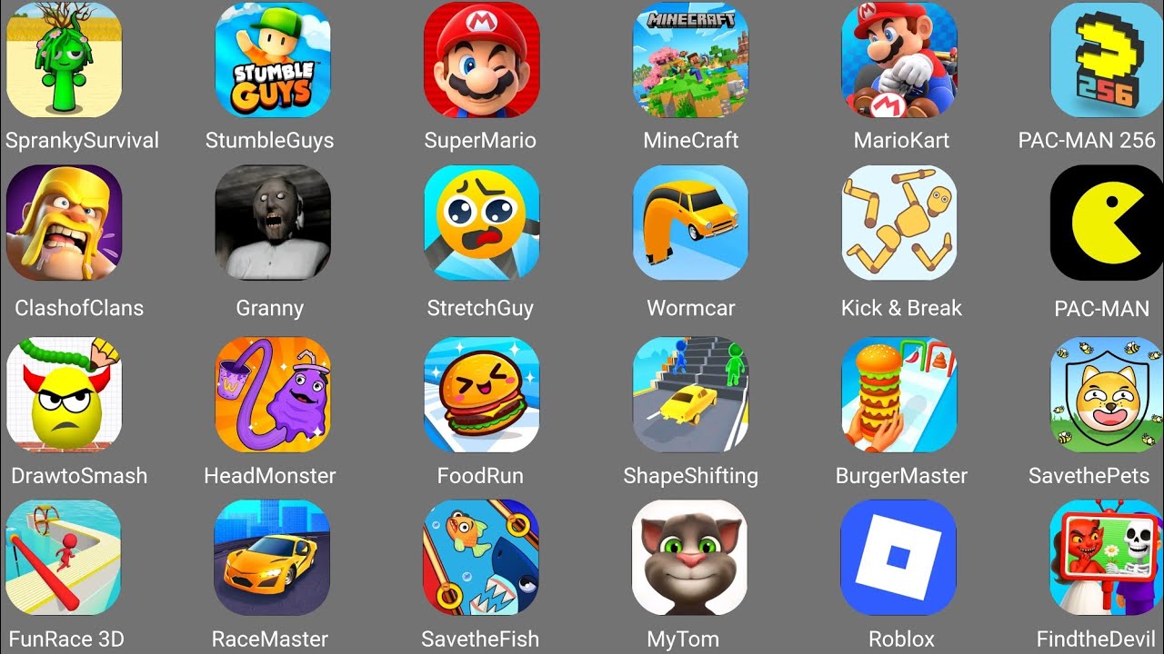 Spranky Survival, SuperMario, Clashof Clans, Hide ball,  SavethePets, Food Run, FindtheDevil, Granny