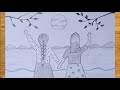 Best friends with beautiful scenery drawing