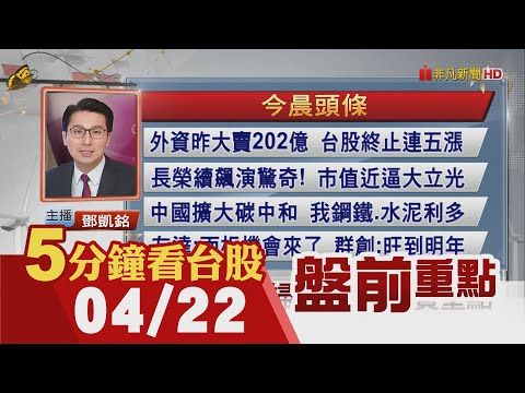 費半強彈2.7% 台積電.聯電ADR勁揚逾2%!長榮續飆演驚奇 市值近逼大立光!友達:面板機會來了 群創:旺到明年｜主播鄧凱銘｜【5分鐘看台股】20210422｜非凡財經新聞