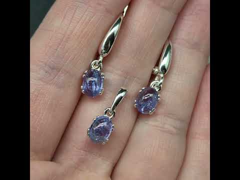 Серебряный комплект (серьги, кулон) с природными прозрачными танзанитами для женщины минималистичные украшения, видео 1