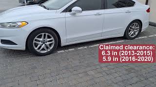 2013-2020 Ford Fusion ground clearance
The ground clearance of the second-generation Ford Fusion is stated at 6.4 inches (163 mm) for fresh model years after facelift and 5.9 inches or 150 mm for earlier model years (up to 2017). It sounds good on paper, but basically the clearance is quite low on the end point of the bumpers.
The problem with the Fusion is not with the clearance but with the approach and departure angles. The car will damage the bumper, especially the front one, if you take it to an off-road route.
In this video, I will show and explain to you any problem with the clearance that’s associated with the Ford Fusion. If you have any thoughts on this, please share your insights in the comments. 2013-2020 Ford Fusion ground clearance
