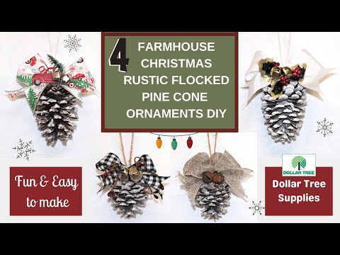 4 Christmas Pine Cone Ornaments Decor DIY | Dollar Tree Red Truck | Farmhouse Christmas Flocked  DIY