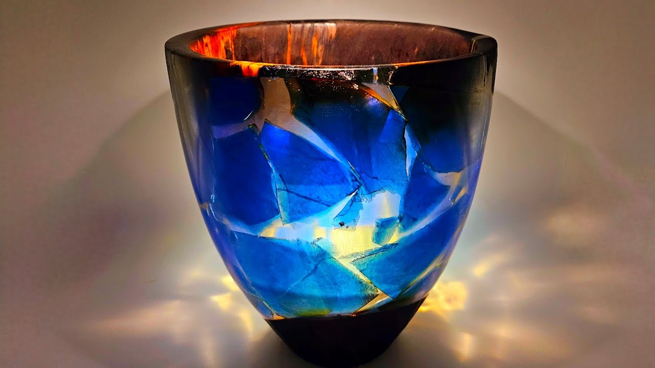 "Shatter" Vase made from broken resin, willow wood on lathe. Wood