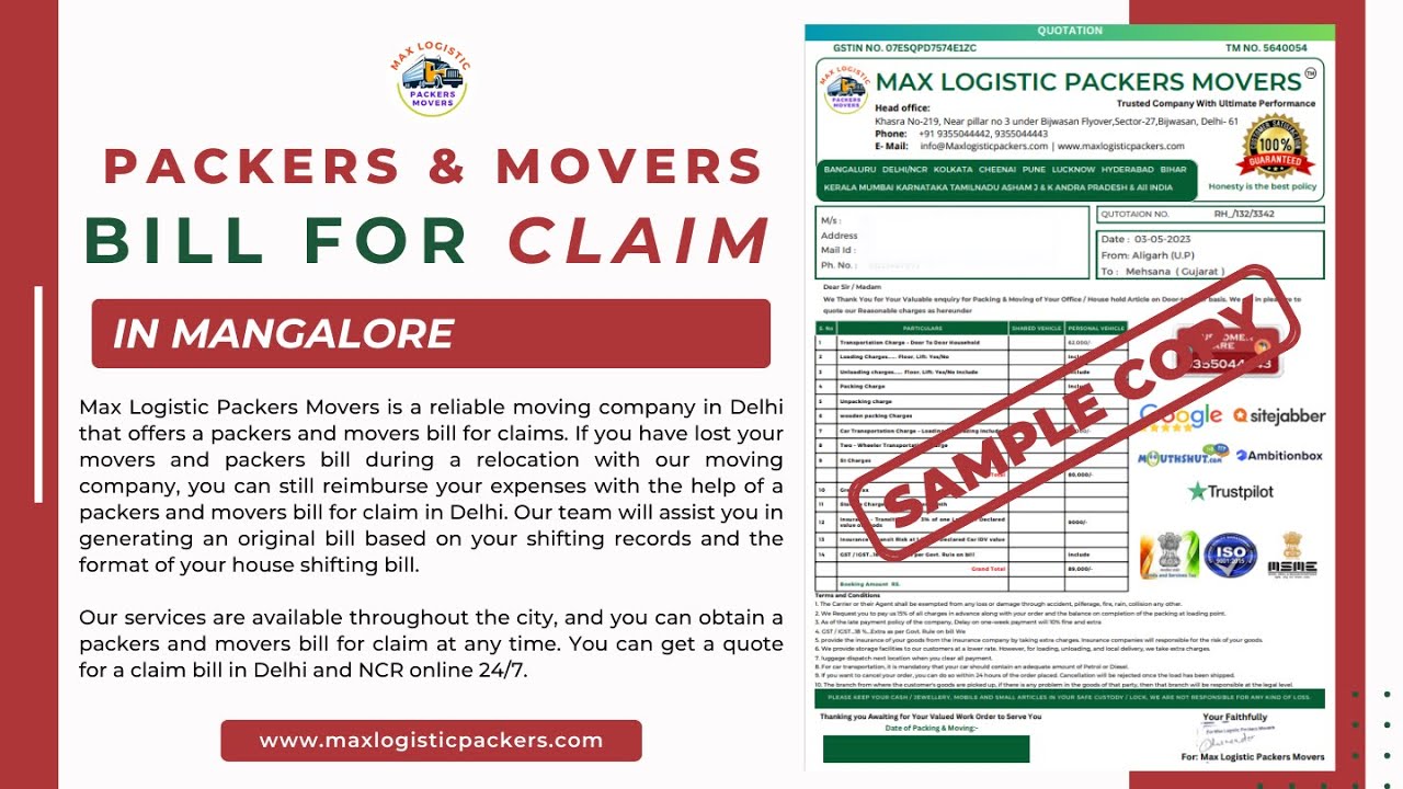 Packers And Movers Bill For Claim In Mangalore | Max Logistic Packers Movers