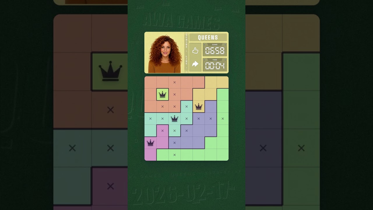 LinkedIn Queens #658 solved board for February 17, 2026, 7x7 grid