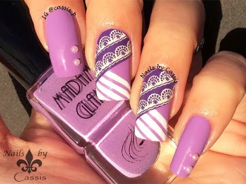 Purple Stripe Lace Stamping Nail Art - YouTube