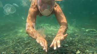 Young Happy Woman Snorkeling In White Bikini Pink Mask Full