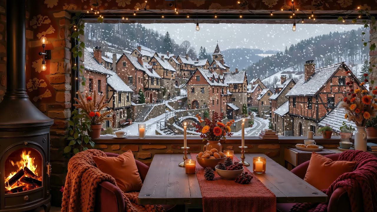 Elegant Winter Jazz at Snowy Village Cabin 🎹 Smooth Piano Jazz & Fireplace Ambience for Relax