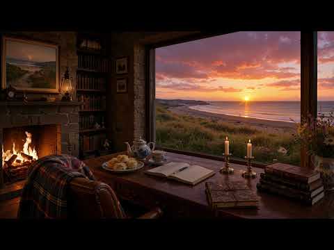 Cozy Scottish Beach Library 🌊: Spring Sunrise, Celtic Fiddle & Fire | Cottagecore Ambience