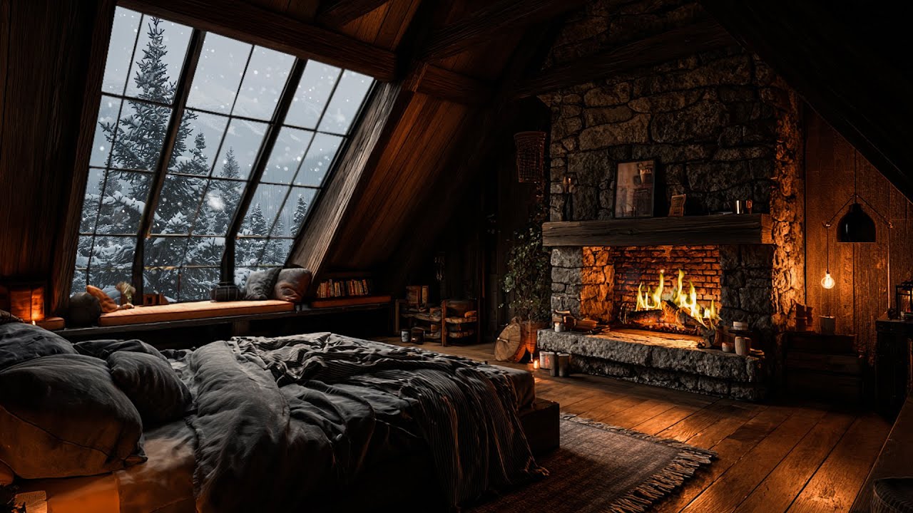 Crackling Fireplace and Wind in a Cozy Winter Cabin - Cozy Ambience for ...