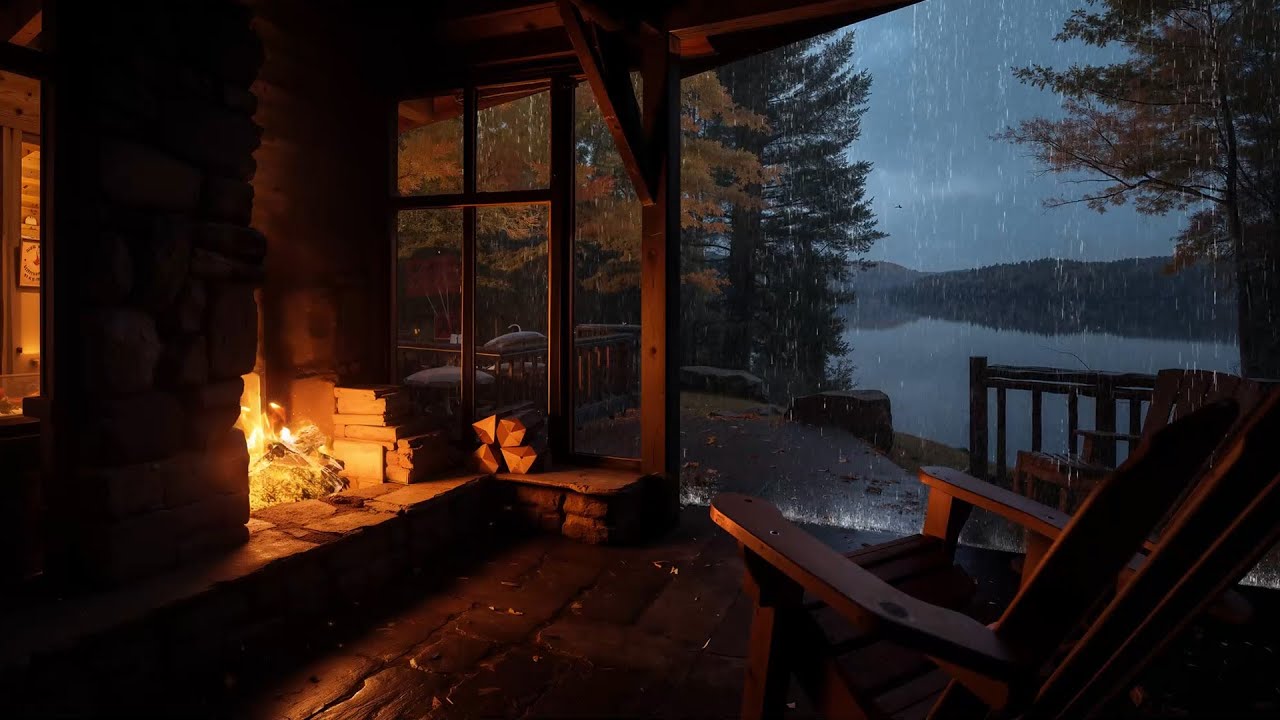 Cozy Porch with Fireplace on a Rainy Day | Peaceful Rain Ambience for ...