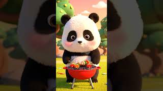 Panda grilling vegetables on a tiny BBQ