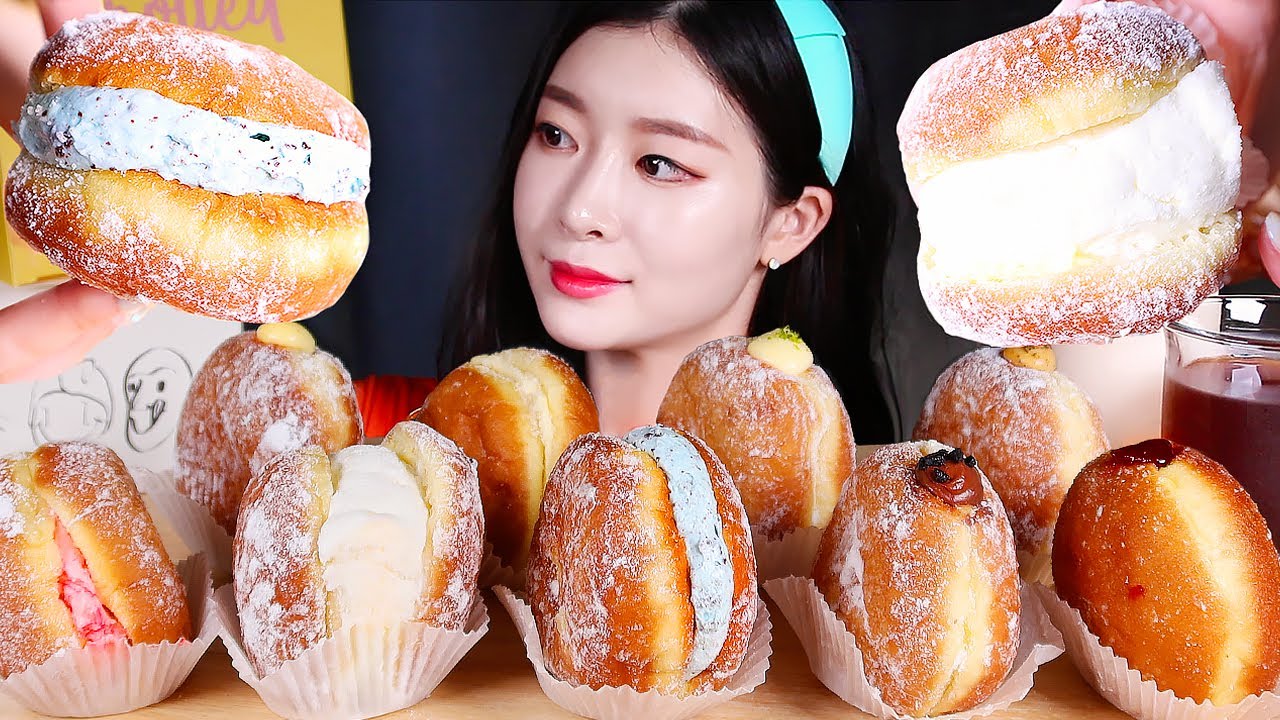 ASMR * Популярные сливочные пончики 🤍 9 видов корейских популярных пончиков со сливками ★  MUKBANG
