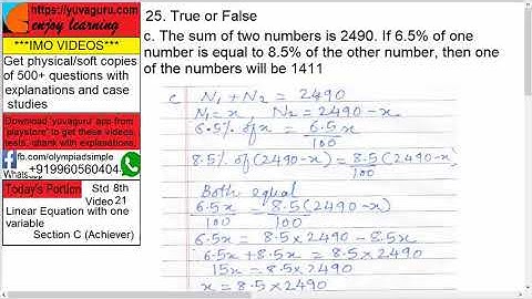 21 IMO Int Math Olympiad Video Std8 Linear Equations Single Variable free Video2 by Vishal mantri