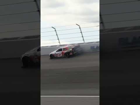 Pop! In to the wall at Rockingham in ARCA. Tire let go in turn 1 for Gavan Boschele.