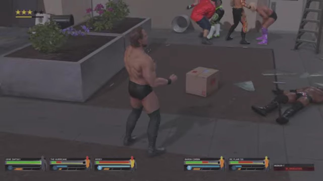 WWE 2K25 Джин Снитски против Харрикейна, Барона, Рози, Букера Ти и Рика: драка на парковке вшестером