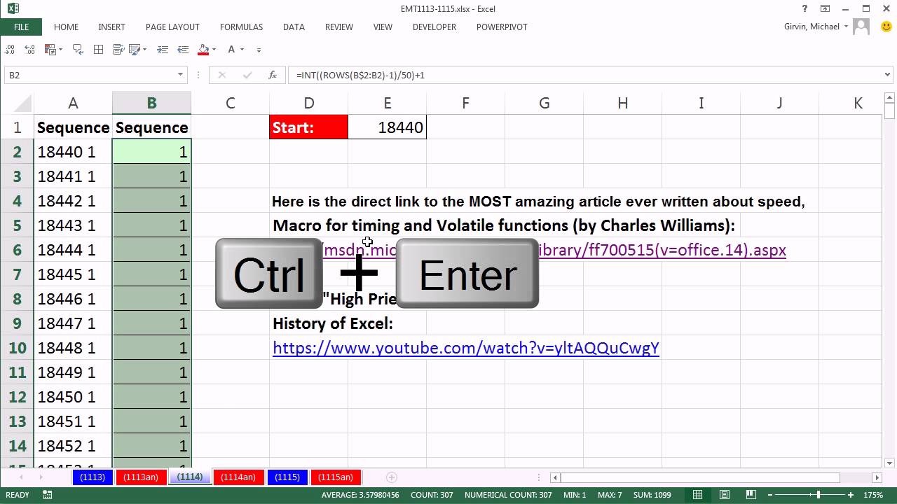 Excel Magic Trick 1114 Formula For Sequential Repeating Numbers 18400 1 18441 1 18442 2 