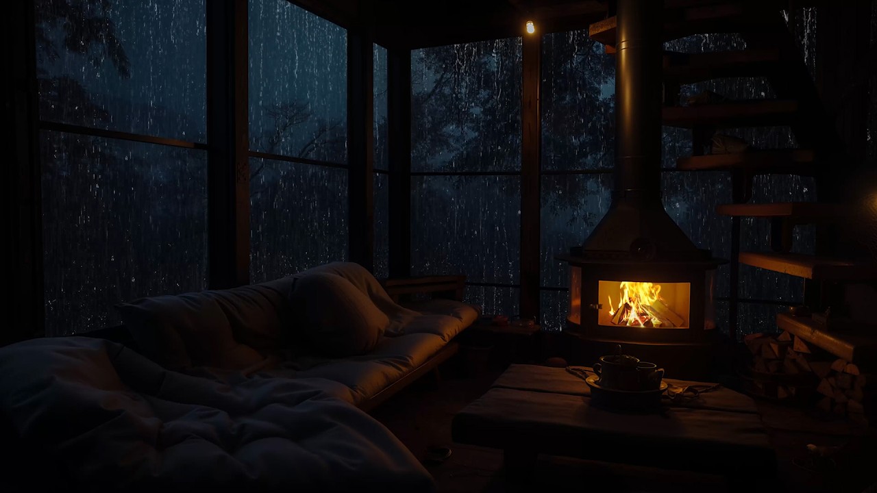 Quiet Forest Cabin at Night with Soft Rain and a Crackling Fireplace ...