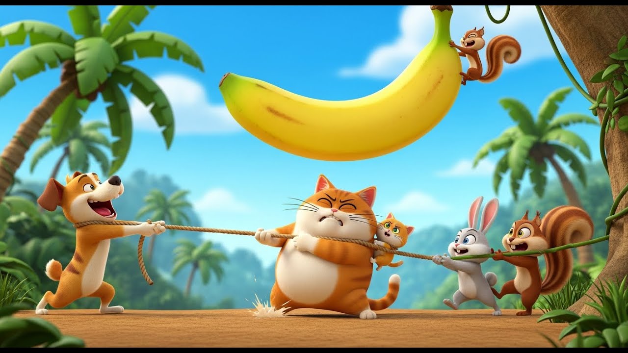 Mèo mẹ ú và mèo con tí hon cùng đồng đội cố gắng hái chuối to lớn mà kéo không nổi