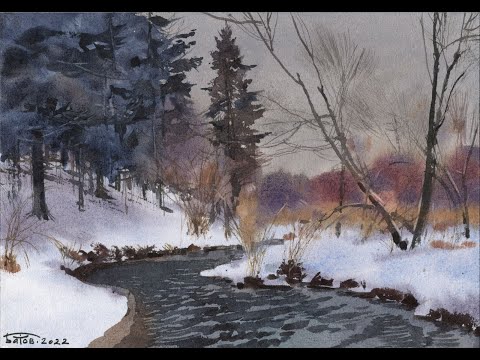 Видео: Зимний пейзаж акварелью. Watercolor winter landscape