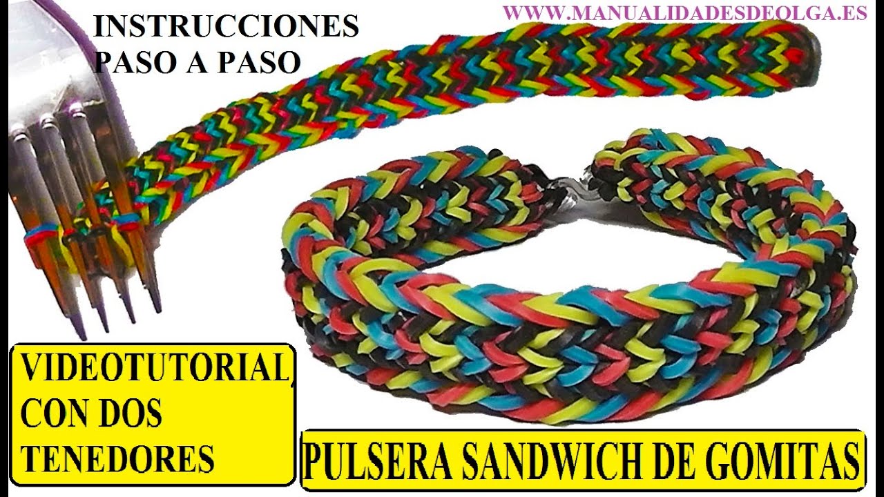 COMO HACER PULSERA DE GOMITAS MODELO SANDWICH CON 2 TENEDORES VIDETUTORIAL DIY SIN TELAR.