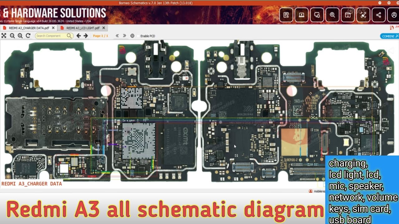 Redmi A3 all schematic diagram charging lcd light lcd mic speaker network volume keys sim card usb
