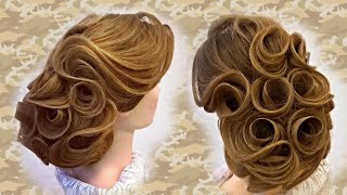 Wedding hairstyle for long hair. Low bun with a rose from hair. Низкий пучок с розой из волос.