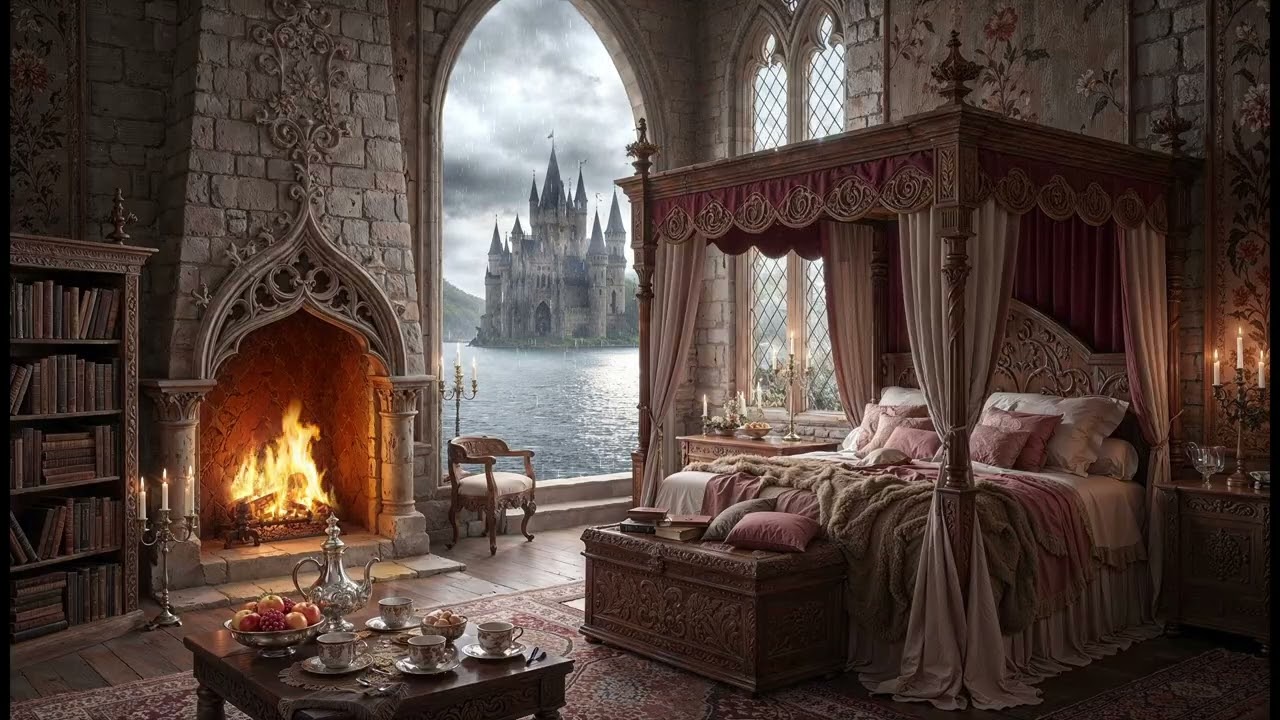 Rainy Medieval Fairytale Queen's Bedchamber Ambience | Rain Sounds, Crackling Fireplace