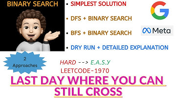 Last Day Where You Can Still Cross | BFS | DFS | Binary Search | GOOGLE Onsite | Leetcode-1970