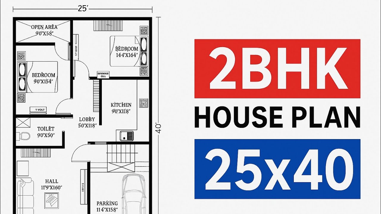 25x40 House Plan | 2BHK Ground Floor Plan with Car Parking | 1000 Sq Ft Modern Home Design