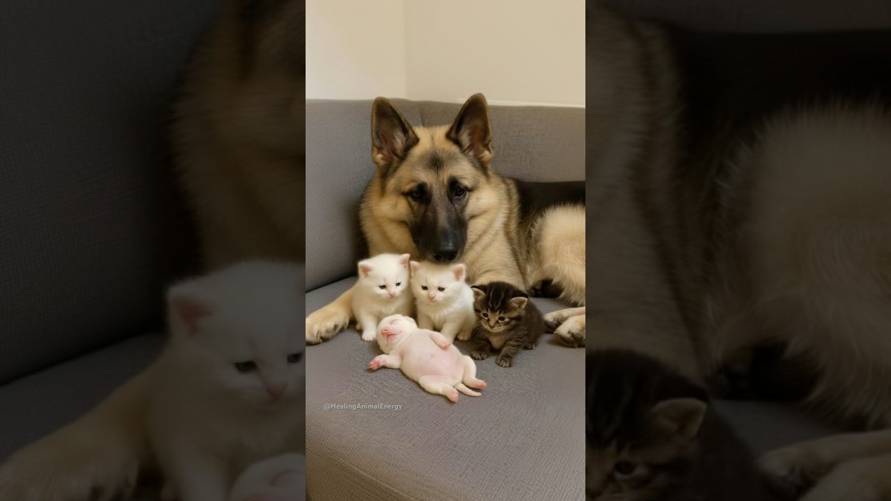 Shepherd Smiles as Puppies and Kittens Play Together