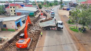 DumpTruck Delivery Stone Filling With Dozer Push And Excavator Digging Stone