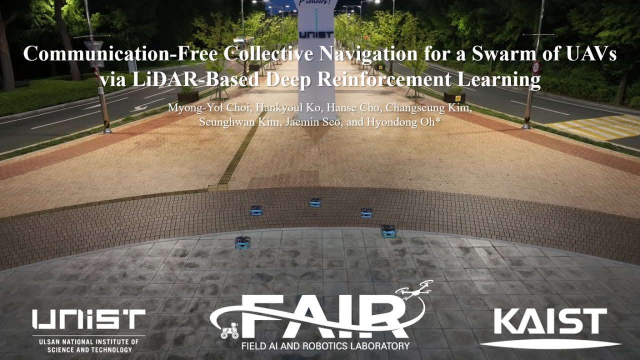 Communication-Free Collective Navigation for a Swarm of UAVs via LiDAR-Based Deep RL