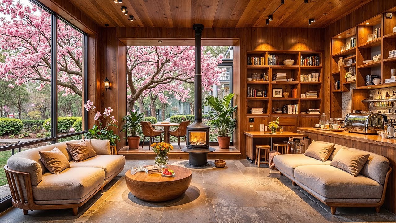 Spring Morning Jazz at Cozy Coffee Shop Ambience by Lake for a Productive Start to the Week