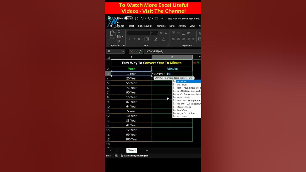 Learn to convert years to minutes in excel quickly excel tutoring 