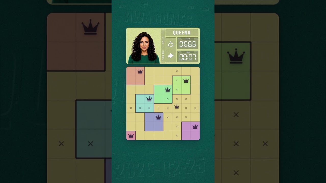 LinkedIn Queens #666 solved board for February 25, 2026, 8x8 grid