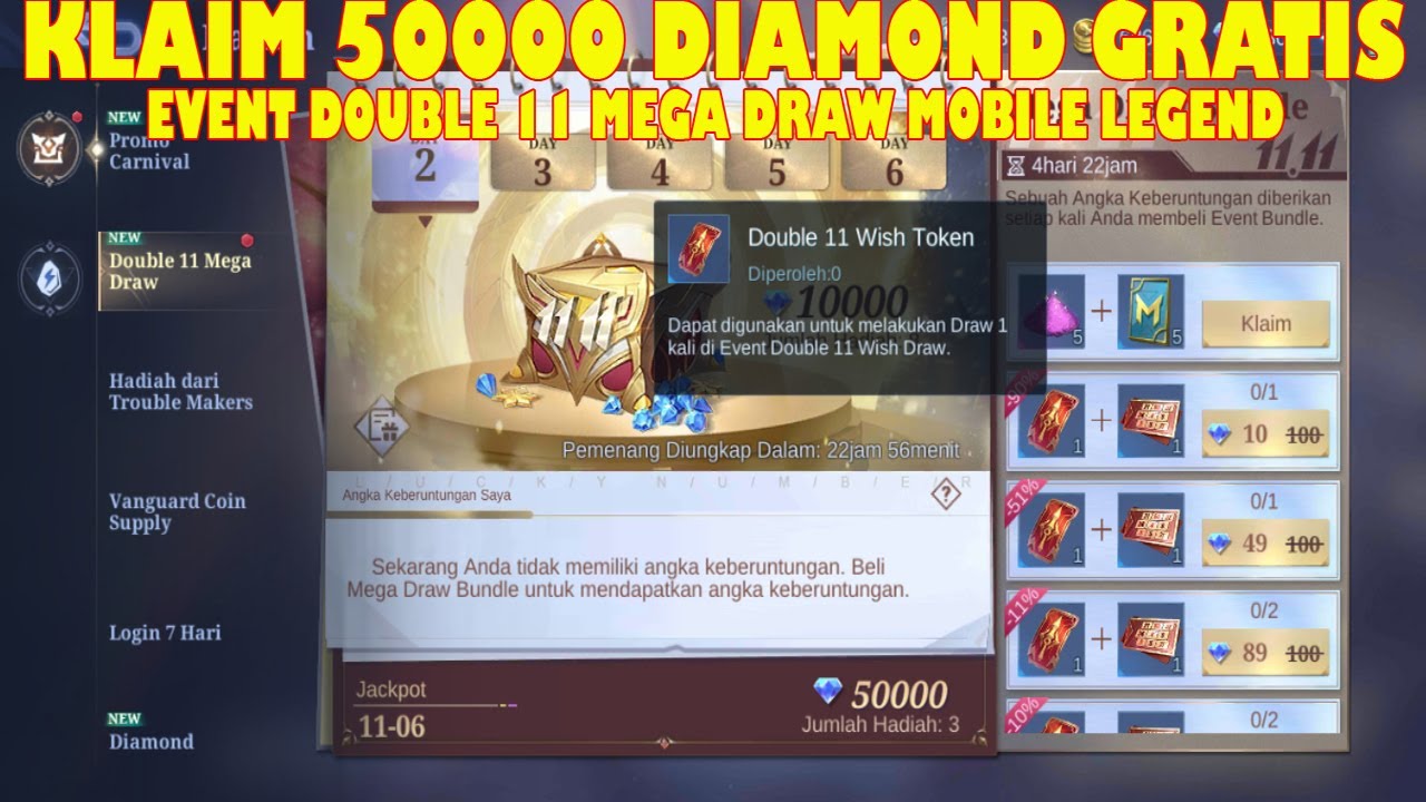 CARA DAPAT RIBUAN DIAMOND GRATIS EVENT DOUBLE 11 MEGA DRAW MLBB