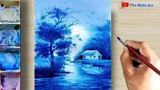 Watercolor painting for beginners  Easily Draw Monochrome Riverside Village Landscape painting |