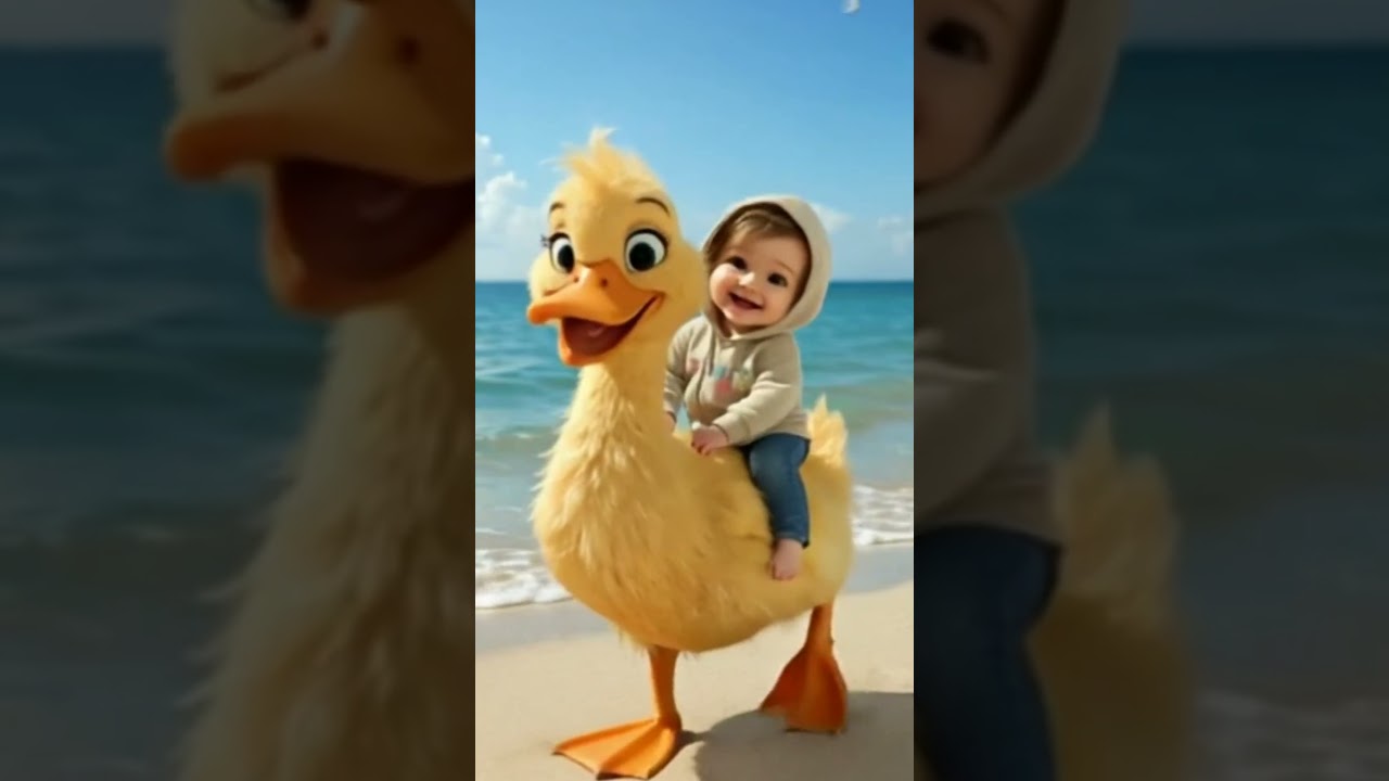 A cute baby playing laughing with duck 