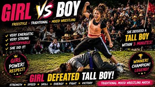 Very energetic strong girl defeated tall boy - girl vs boy freestyle Traditional mixed Wrestling