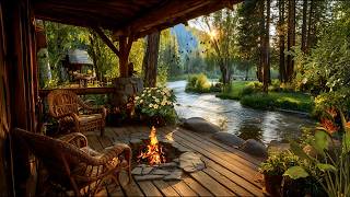 4k Spring Riverside Porch | Soft Sunset, Flowing River & Birdsong Ambience