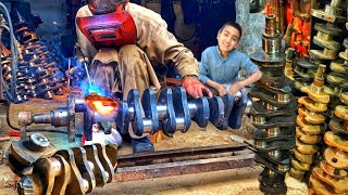 The process of repairing an old and rusted crankshaft in an unusual way