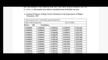 Hppsc Result of Assistant Professor Chemistry || Personality test from 26 April onwards