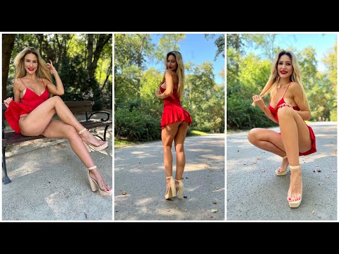 RED SHORT SKIRT SET AND HEELS IN THE PARK