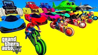 SPIDERMAN CARS Racing Challenge on HIGH Rampa ! SUPERHERO HULK IronMan Goku MONSTER Trucks - GTA 5