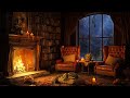 Cozy room ambience with jazz piano  thunderstorm rain fireplace sounds to reading  sleeping 4k