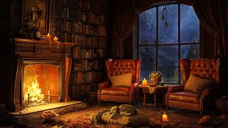 Cozy Room Ambience with Jazz Piano ⛈ Thunderstorm, Rain, Fireplace Sounds to Reading & Sleeping 4K