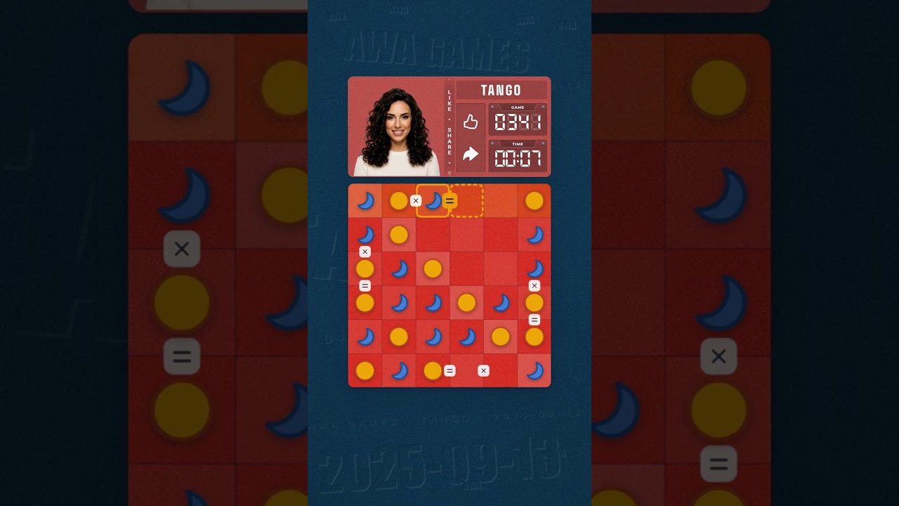LinkedIn Tango #341 solved board for September 13, 2025, 6x6 grid